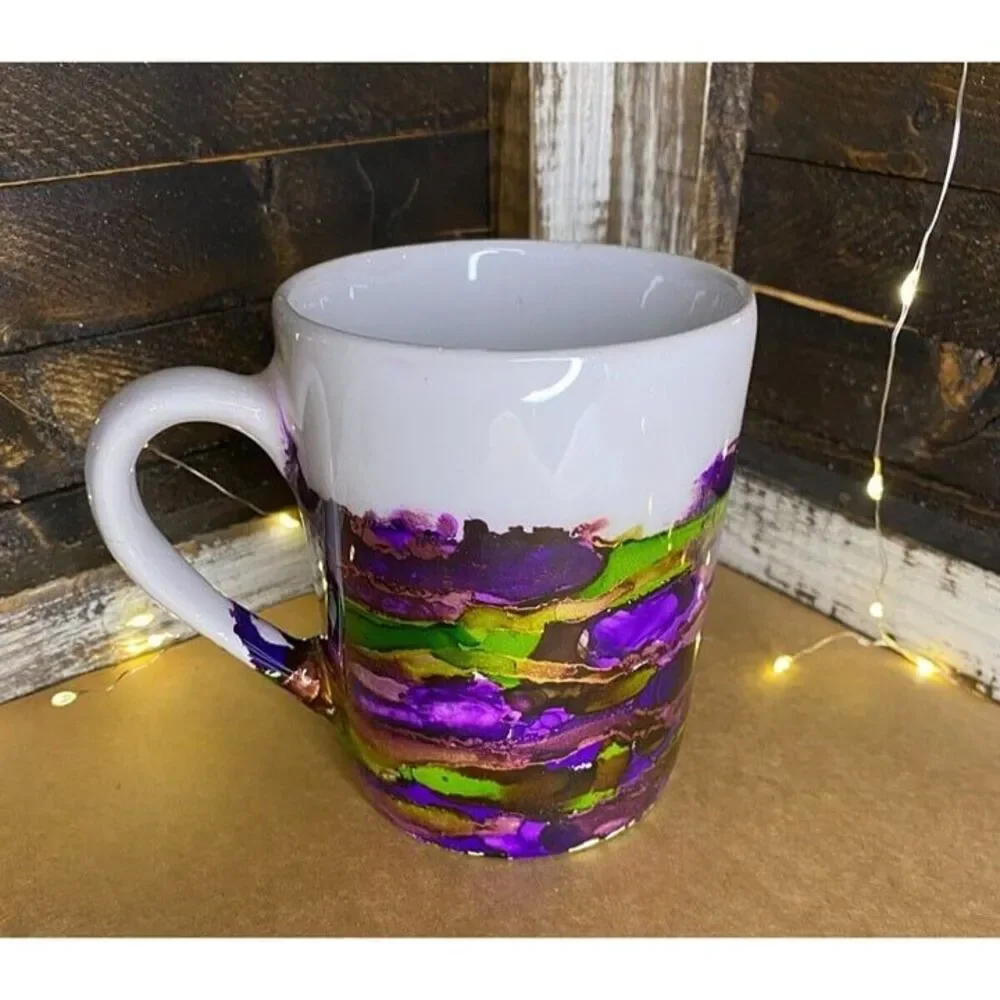 Coffee Tea Cup Mug Handmade Purple Green Gold Abstract Painted 4.5 X 3.5 in